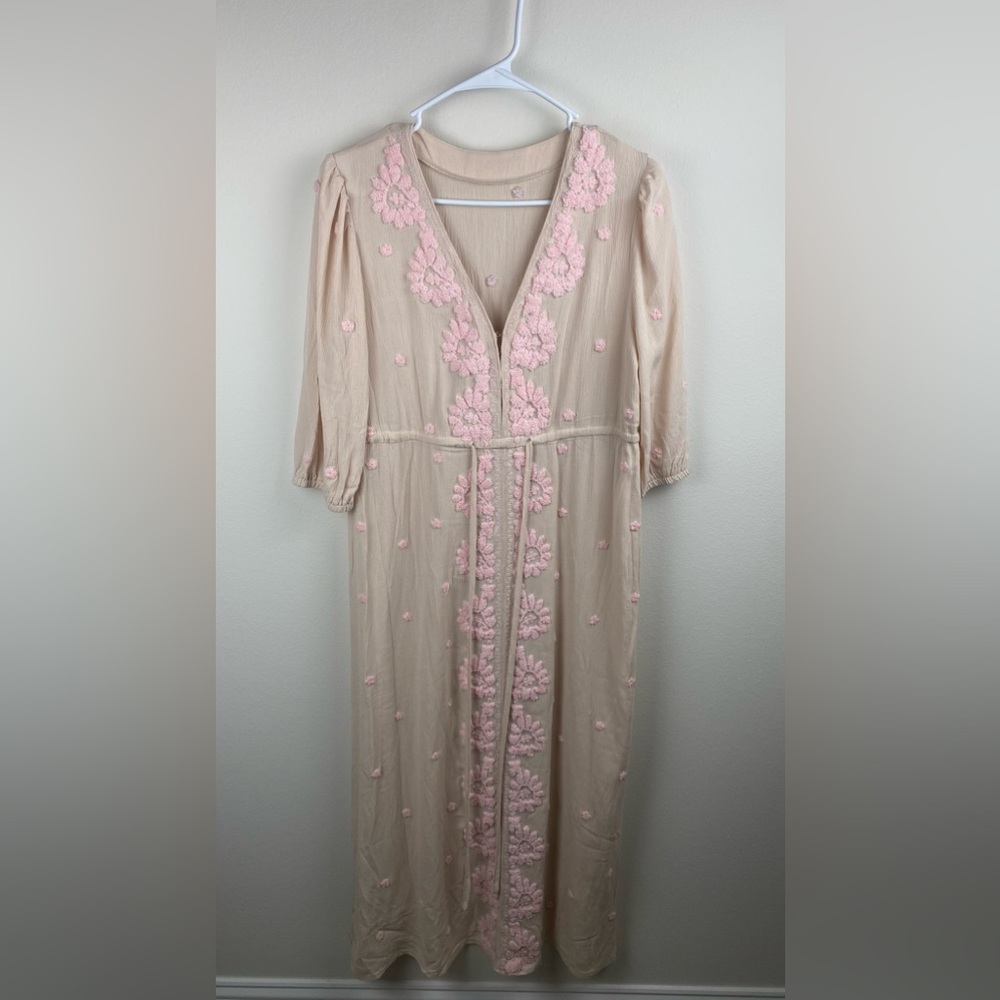 Tan & Pink Embroidered Fable Midi Dress S